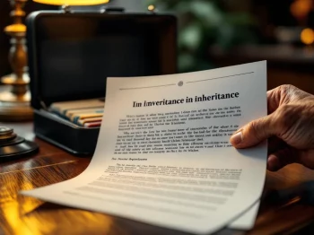 Verweerde handen houden officiële juridische documenten met bedrijfszegel vast boven mahonie bureau met aktetas