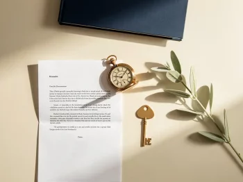 Erfstuk zakhorloge naast gevouwen juridisch document en symbolische huissleutel op crèmekleurig bureau met salie groen takje.