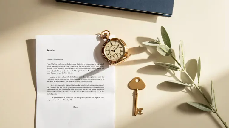 Erfstuk zakhorloge naast gevouwen juridisch document en symbolische huissleutel op crèmekleurig bureau met salie groen takje.