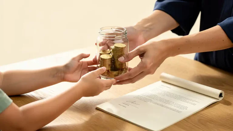 Oudere handen die een glazen pot met gouden munten overdragen aan jongere handen, met een juridisch document op een eiken tafel.