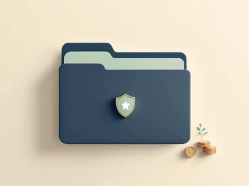 Documentmap met beveiligingsschild naast familiestamboom en muntstapel, symboliseert erfenis en financiële zekerheid