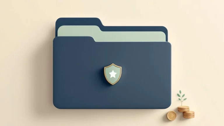 Documentmap met beveiligingsschild naast familiestamboom en muntstapel, symboliseert erfenis en financiële zekerheid