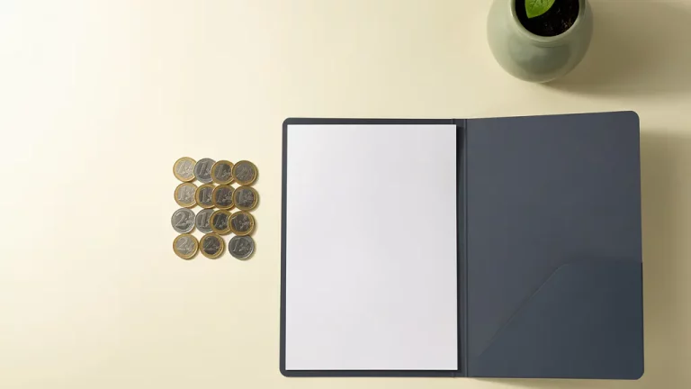 Stapel euromunten naast een open documentmap en een groen plantje in keramieken pot op een minimalistisch bureau.