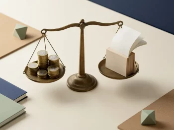 Messing weegschaal in balans met euromunten en minikalender op cremekleurig bureau, minimalistisch bovenaanzicht.