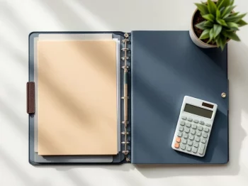 Overzicht van georganiseerd bureau met financiële documenten, rekenmachine en pen voor ondernemers