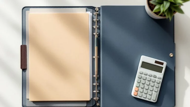 Overzicht van georganiseerd bureau met financiële documenten, rekenmachine en pen voor ondernemers