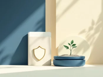 Documentmap en schild icoon met kiemplant in marineblauw en saliegroen, symbool voor financieel advies en vertrouwen