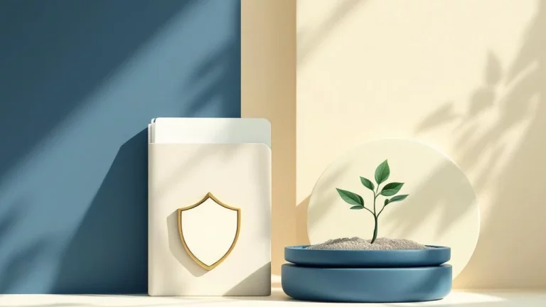 Documentmap en schild icoon met kiemplant in marineblauw en saliegroen, symbool voor financieel advies en vertrouwen