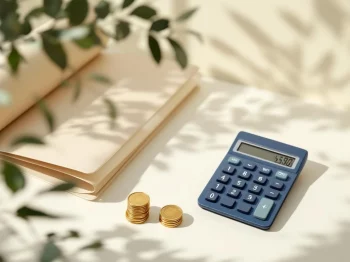 Rekenmachine naast gestapelde munten en documenten op licht bureau, minimalistische financiële compositie  ---  **Feedback Request**: Is this alt text length appropriate, or would you prefer a longer version that includes more atmospheric details while staying under 125 characters?