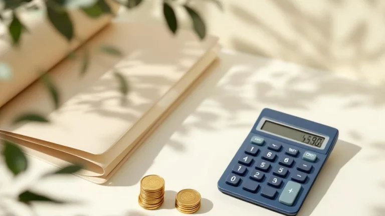 Rekenmachine naast gestapelde munten en documenten op licht bureau, minimalistische financiële compositie  ---  **Feedback Request**: Is this alt text length appropriate, or would you prefer a longer version that includes more atmospheric details while staying under 125 characters?