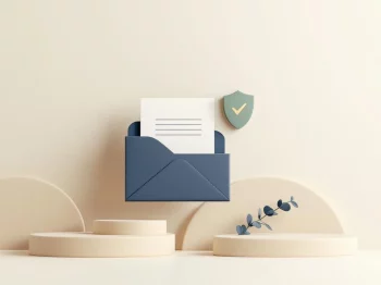 Documentmap en beveiligingsschild iconen in navy en groen, verbonden door stippellijnen op crème achtergrond