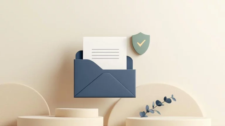 Documentmap en beveiligingsschild iconen in navy en groen, verbonden door stippellijnen op crème achtergrond