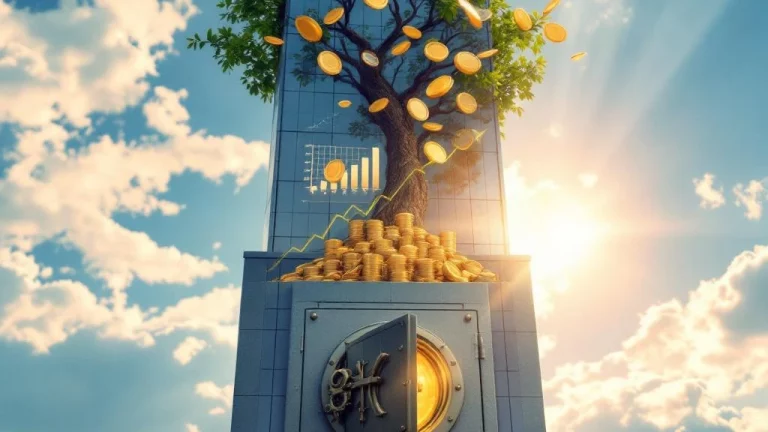 Glazen kantoorgebouw groeit als boom met gouden munten en eurobiljetten aan takken, kluis aan basis toont gouden gloed