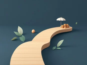 Houten pad dat zich splitst naar drie financiële doelen: nestei, paraplu en gestapelde munten op blauwe achtergrond