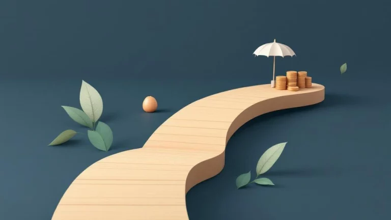 Houten pad dat zich splitst naar drie financiële doelen: nestei, paraplu en gestapelde munten op blauwe achtergrond