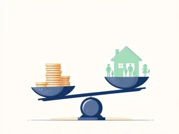 Weegschaal met muntstapels en huissymbool met familie-iconen, toont balans tussen vermogen en voordelen
