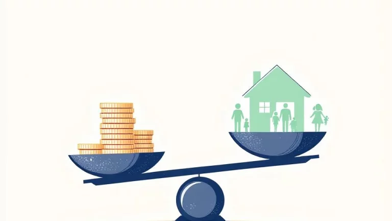 Weegschaal met muntstapels en huissymbool met familie-iconen, toont balans tussen vermogen en voordelen