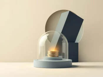 Beschermende koepel over gloeiende muntenstapel, gescheiden van kantorend donker gebouw, financiële veiligheid concept