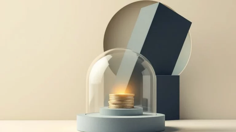 Beschermende koepel over gloeiende muntenstapel, gescheiden van kantorend donker gebouw, financiële veiligheid concept