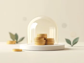Transparante koepel beschermt stapel gouden munten tegen crèmekleurige achtergrond, financiële planning illustratie