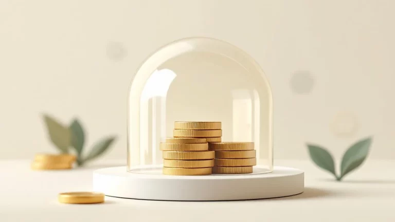 Transparante koepel beschermt stapel gouden munten tegen crèmekleurige achtergrond, financiële planning illustratie