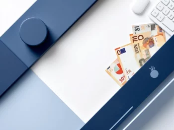 Calculator met Nederlandse eurobiljetten op wit bureau, omgeven door marineblauwe geometrische patronen en financiële grafieken