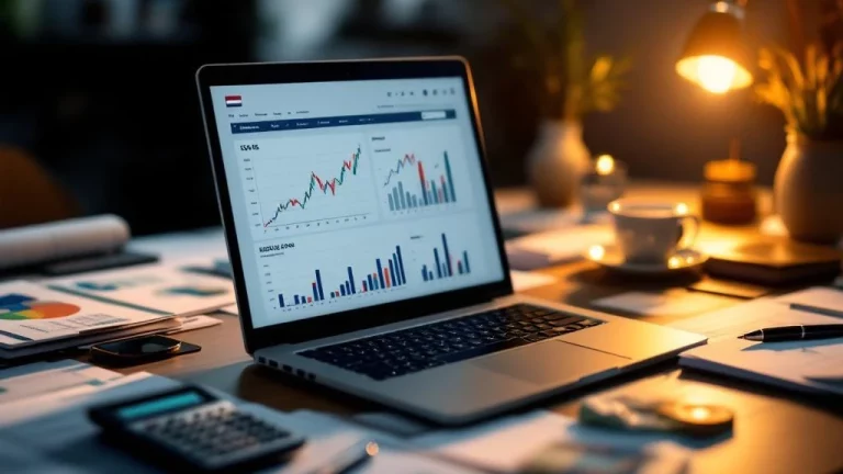 Laptop met financiële grafieken op modern bureau met euro bankbiljetten, calculator en documenten in warm licht