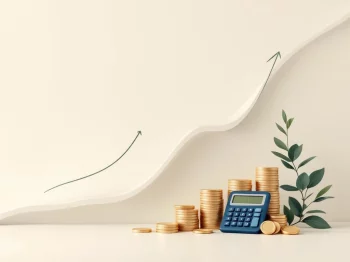 Groeiende lijn met rekenmachine en muntstapel in minimalistische stijl, financiële groei en berekeningen symboliserend