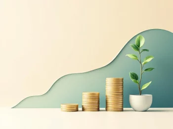 Financiële groeigrafiek met rekenmachine, plantje en muntstapels in navy, groen en beige tinten