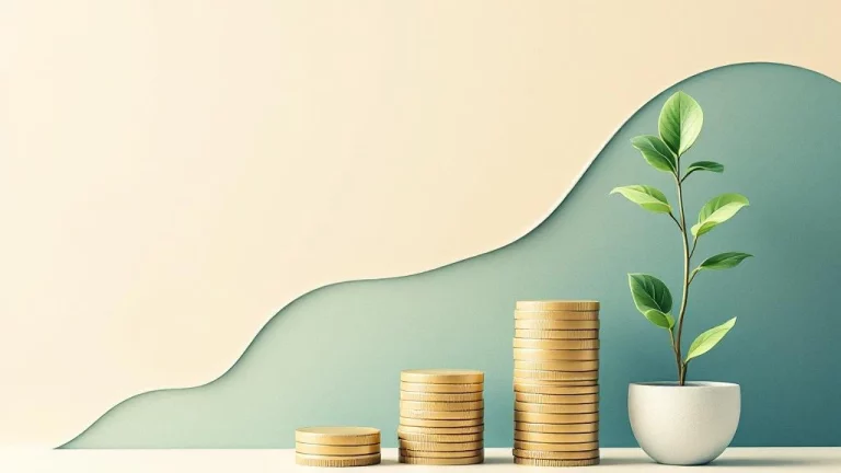 Financiële groeigrafiek met rekenmachine, plantje en muntstapels in navy, groen en beige tinten