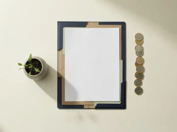 Open documentmap op crèmekleurig bureau met euromunten en groen plantje in keramische pot, strak minimalistische flatlay.