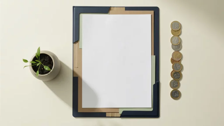 Open documentmap op crèmekleurig bureau met euromunten en groen plantje in keramische pot, strak minimalistische flatlay.