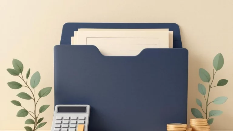 Professionele documentenmap met georganiseerde papieren, rekenmachine en muntstapel in minimalistische stijl