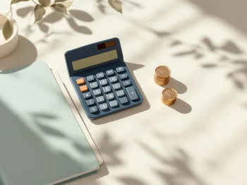 Rekenmachine naast stapel munten en documentenmap op crèmekleurig oppervlak voor financiële planning