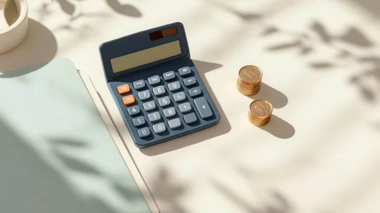 Rekenmachine naast stapel munten en documentenmap op crèmekleurig oppervlak voor financiële planning