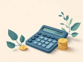 Rekenmachine en stapel munten op crèmekleurige achtergrond voor financiële planning en salarisberekeningen