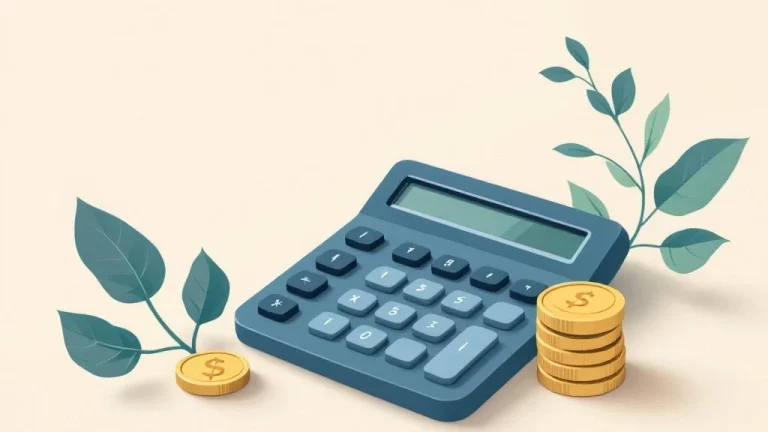 Rekenmachine en stapel munten op crèmekleurige achtergrond voor financiële planning en salarisberekeningen