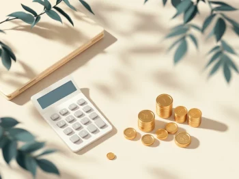 Calculator naast stapels munten en documentmap op crème achtergrond voor financiële planning en investeringsstrategie