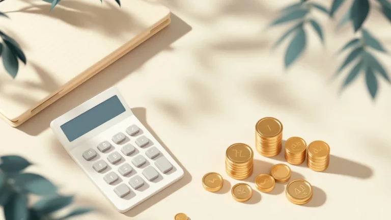 Calculator naast stapels munten en documentmap op crème achtergrond voor financiële planning en investeringsstrategie