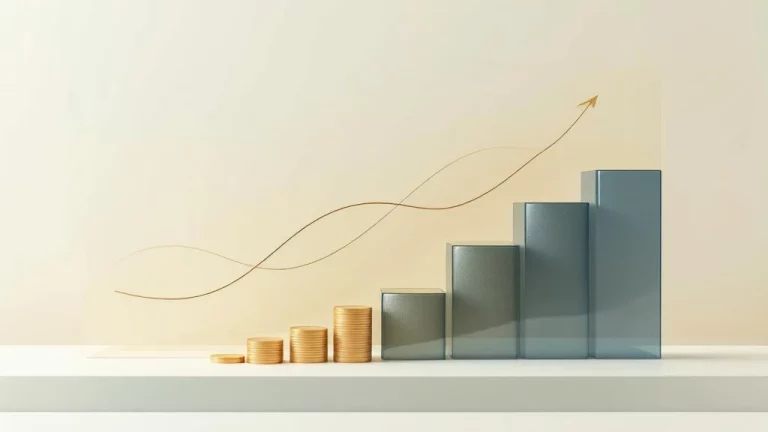 Transparante rekenmachine met muntstapels en tijdlijn in navy en beige tinten voor financiële planning