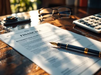Financiële documenten en contracten op houten bureau met vulpen, calculator en bril in professioneel kantoor