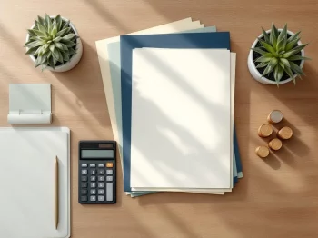 Bovenaanzicht houten bureau met rekenmachine, documenten, plantje en muntstapels voor financiële planning