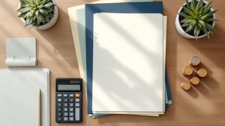 Bovenaanzicht houten bureau met rekenmachine, documenten, plantje en muntstapels voor financiële planning