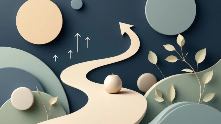 Minimalistisch financieel pad met vertakkingen, beschermend symbool en opwaartse groeipijlen in navy en beige tinten