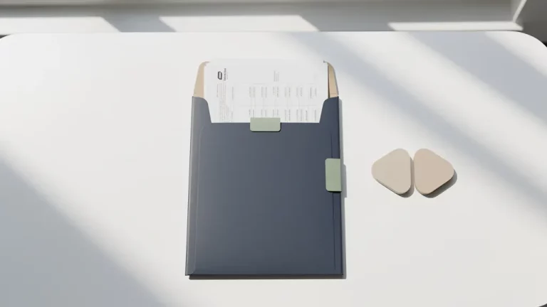 Navy blauwe documentenmap met financiële papieren en pauzeknop symbool op wit bureau, Nederlandse kantooromgeving met natuurlijk licht