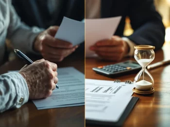 Oudere handen houden documenten vast naast bureau met juridische papieren, rekenmachine en zandloper voor financiële planning