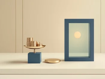 Weegschaal met gouden munten en gloeiende bol op crème achtergrond, omringd door geometrische vormen in navy en groen
