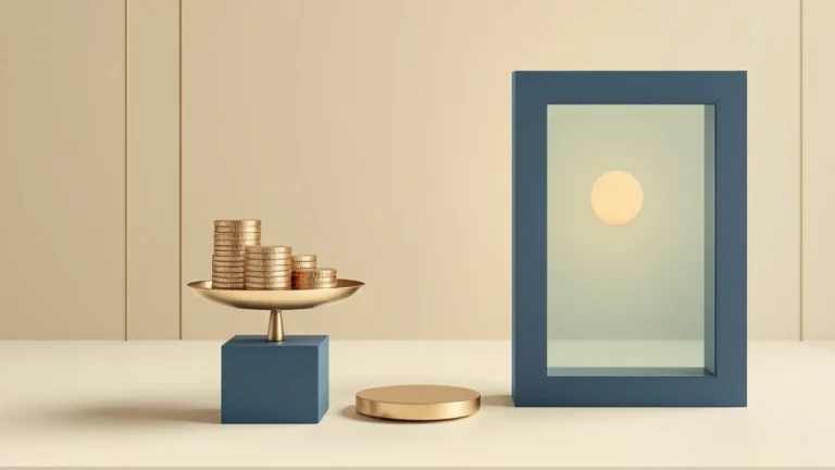 Weegschaal met gouden munten en gloeiende bol op crème achtergrond, omringd door geometrische vormen in navy en groen