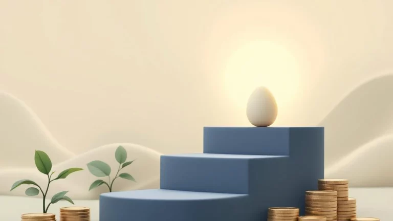 Blauwe geometrische treden leiden naar gloeiend nestei met muntstapels en plantje op beige achtergrond