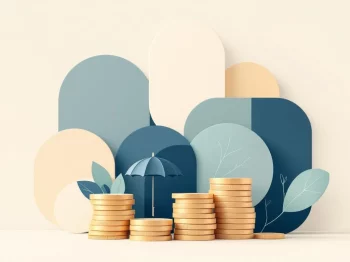 Stapels munten onder beschermende paraplu in zachte marineblauw en beige tinten, symboliseert financiële zekerheid